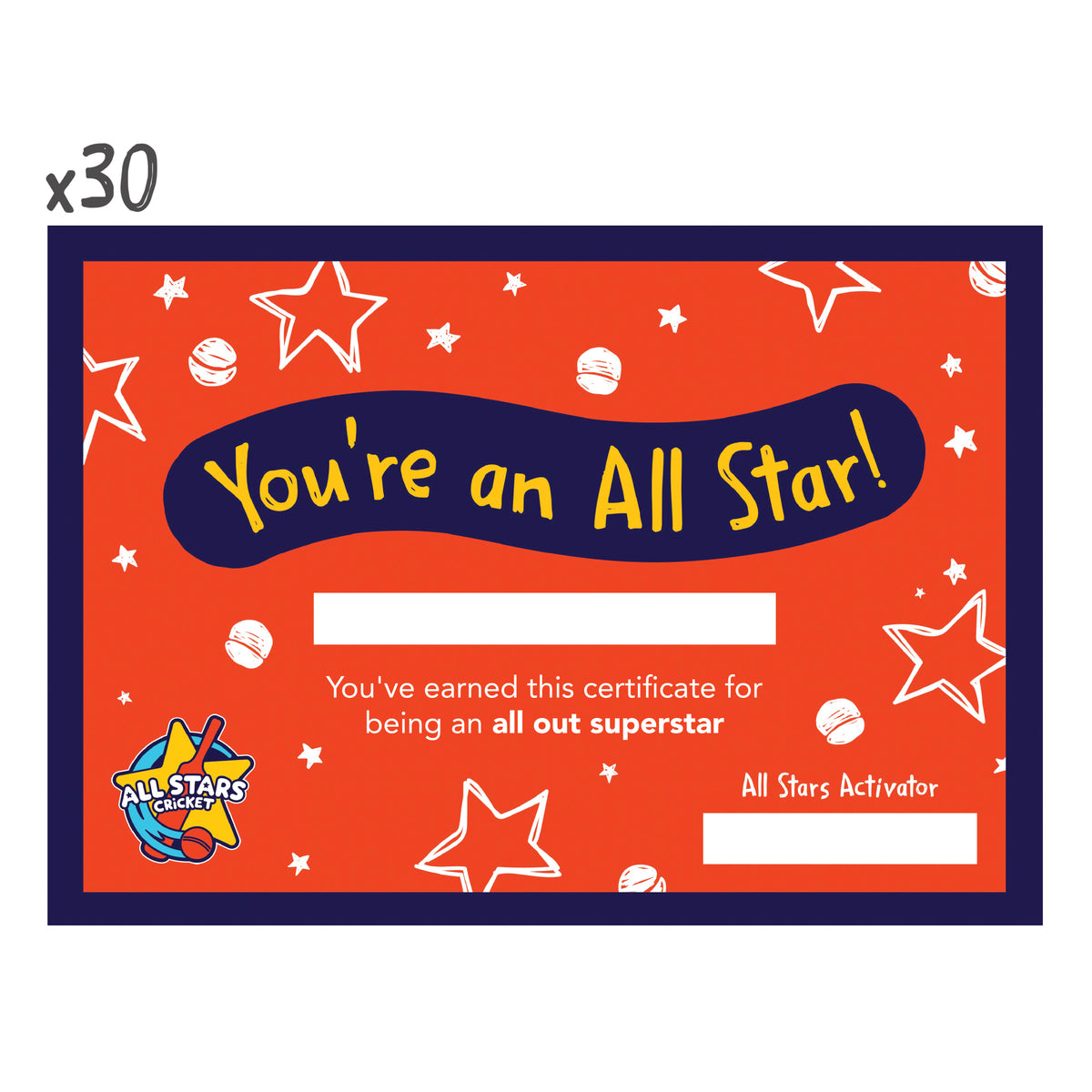 All Stars Cricket Certificates Pack of 30