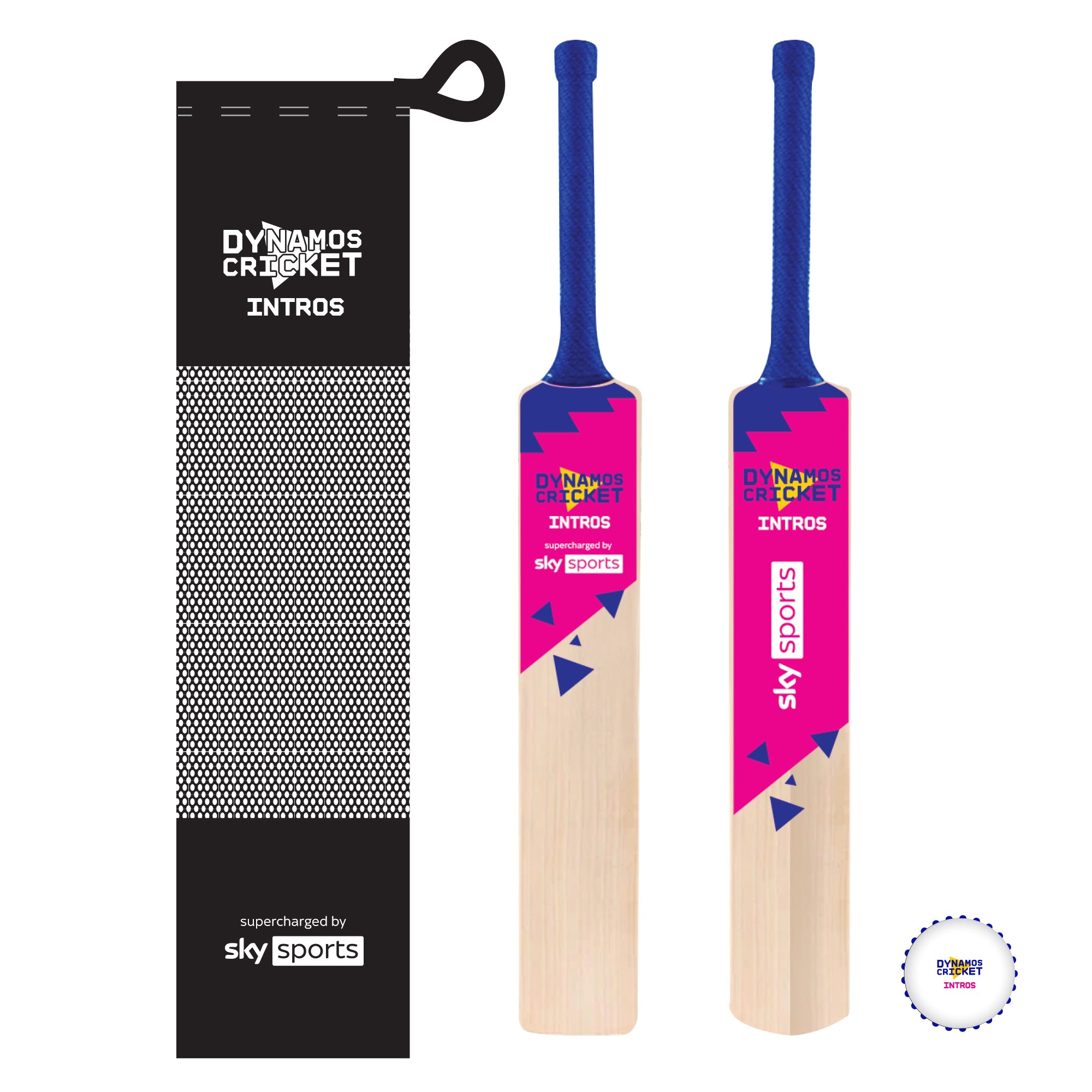 Dynamos Cricket Sky Sports Intros Wooden Bat, Ball & Bag - Pack of 20